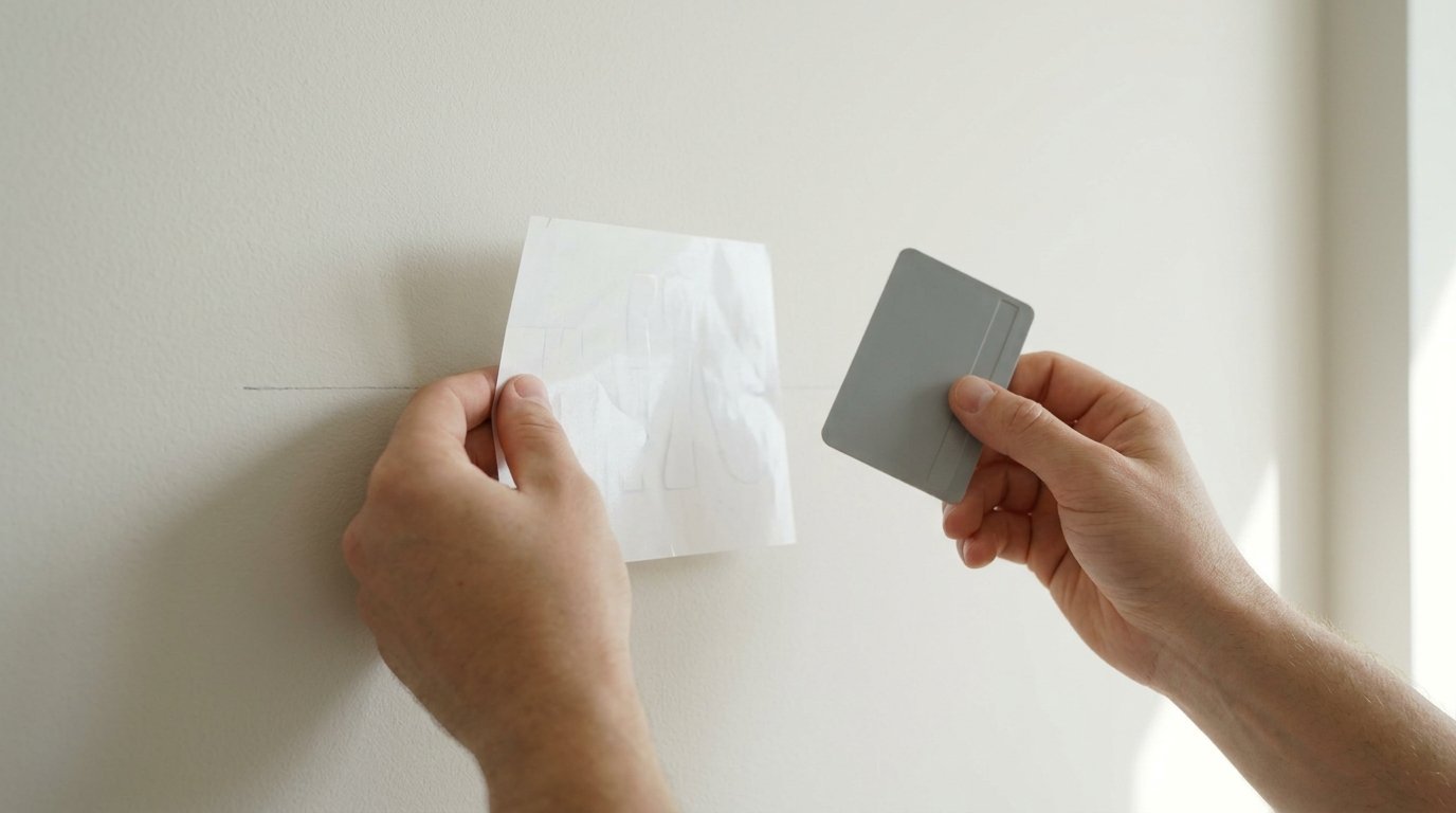 Close up of hands using a plastic card to press a white sticker onto a smooth painted wall surface.