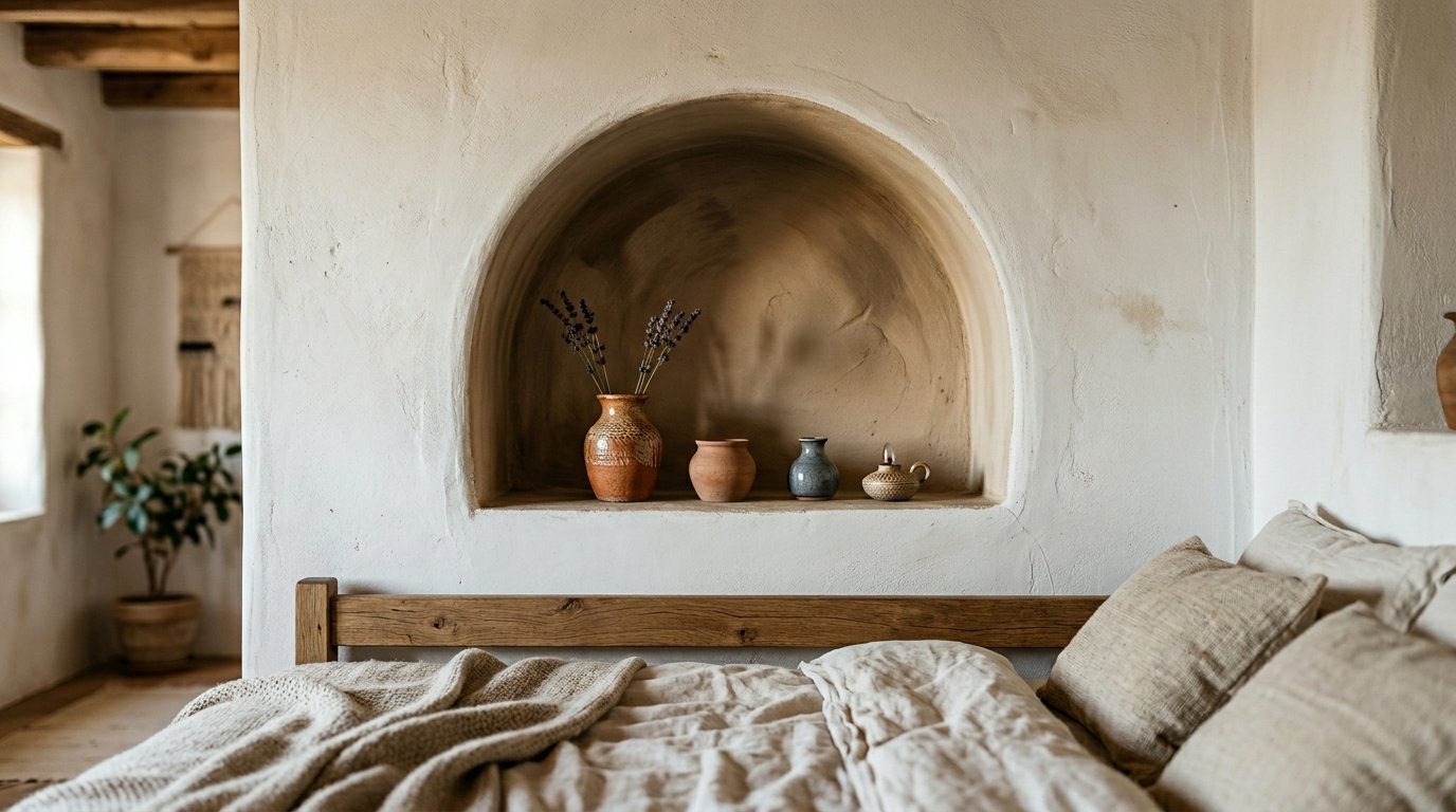 An arched plaster wall inset displays small pottery vases and dried flowers above a neutral linen bed.