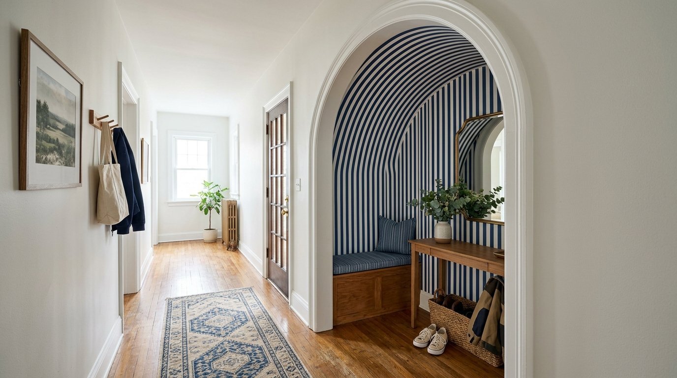 Bright corridor with a wood bench inside a striped arched alcove and a blue patterned runner rug on hardwood floors.