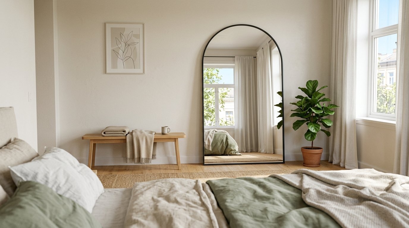 Large arched standing mirror with black frame in a neutral bedroom with sage green bedding and a fiddle leaf fig.