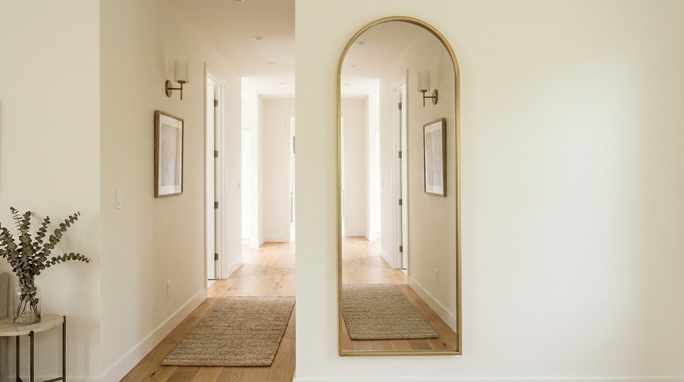 An elegant floor-to-ceiling arched mirror with a brass frame mounted on a clean white wall.