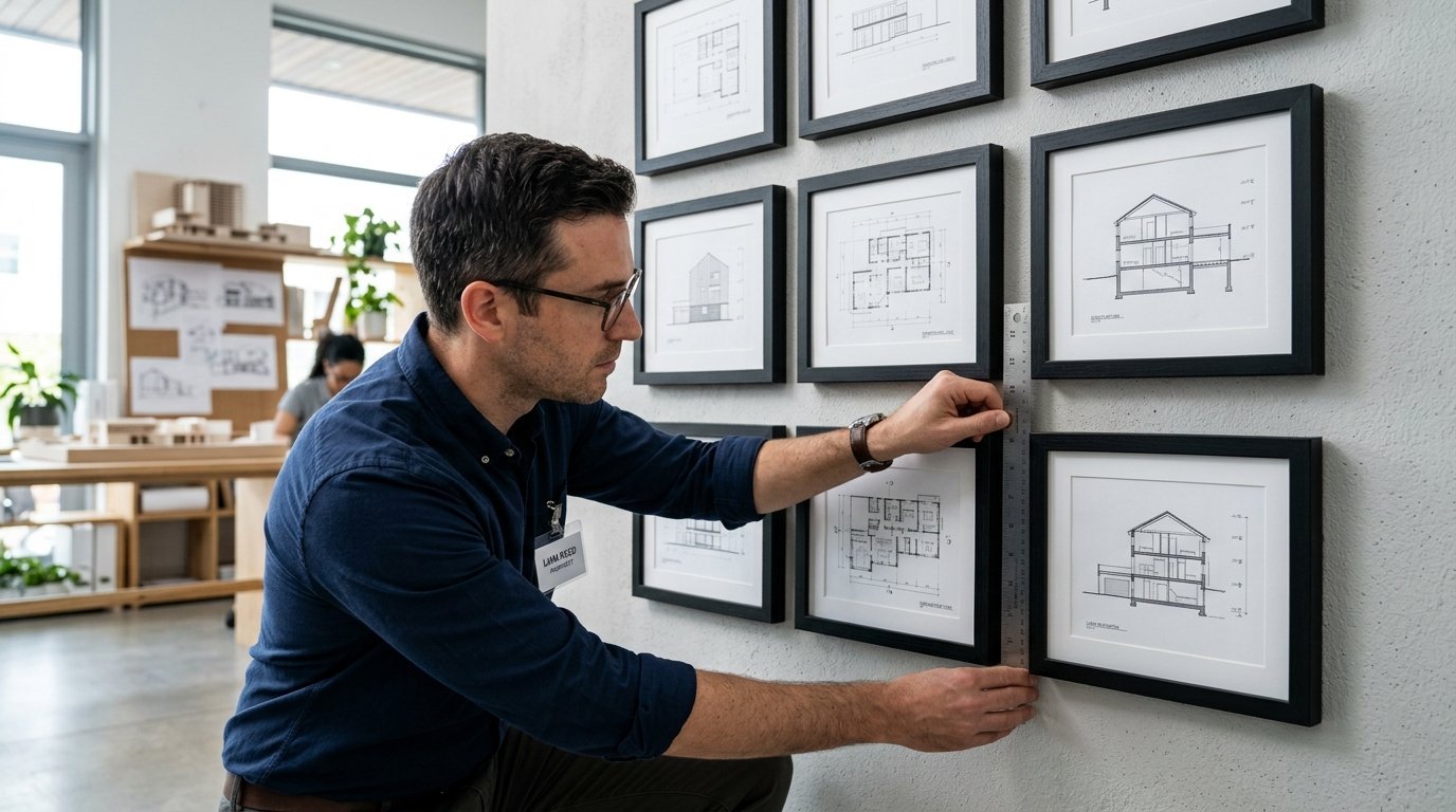 Architect in blue shirt adjusting framed architectural drawings on a white textured wall.