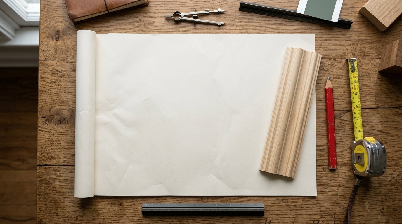 Top-down view of a drafting table featuring a blank paper roll, pencil, tape measure, and metal drafting compass.