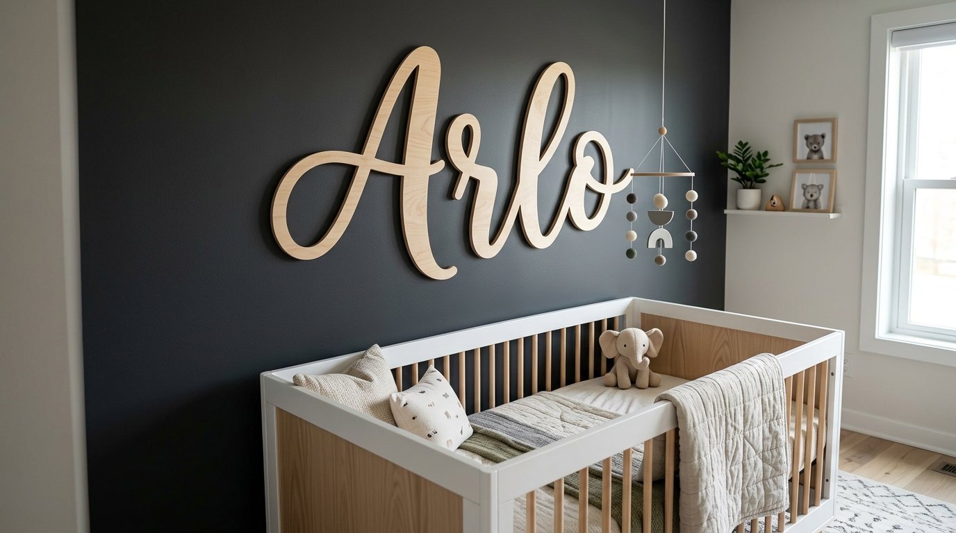 Baby crib with a plush elephant and wooden Arlo sign on a dark accent wall in a modern nursery room.