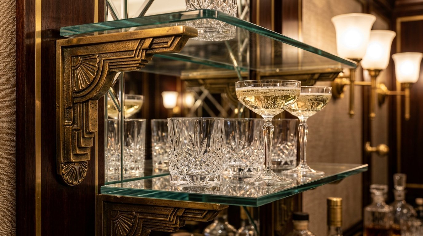 Close-up of crystal cocktail glasses sitting on glass shelves with detailed gold metal brackets against a mirrored wall.