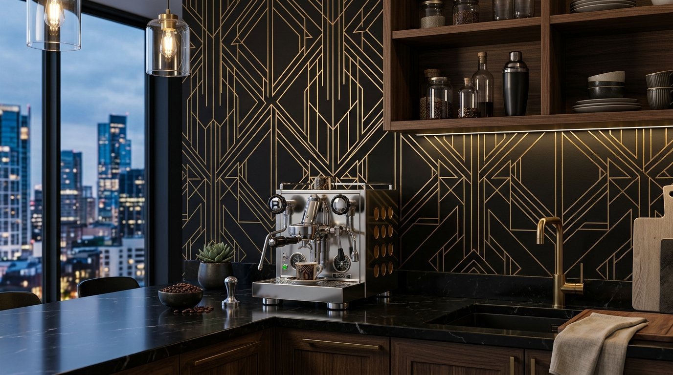 A professional chrome espresso machine sits on a dark marble countertop in front of gold art deco patterned wallpaper.