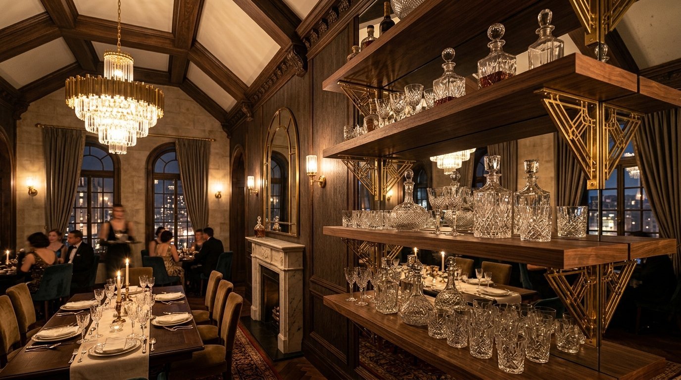 Close-up of wooden shelves with ornate gold brackets holding crystal glassware and decanters in a luxury restaurant.