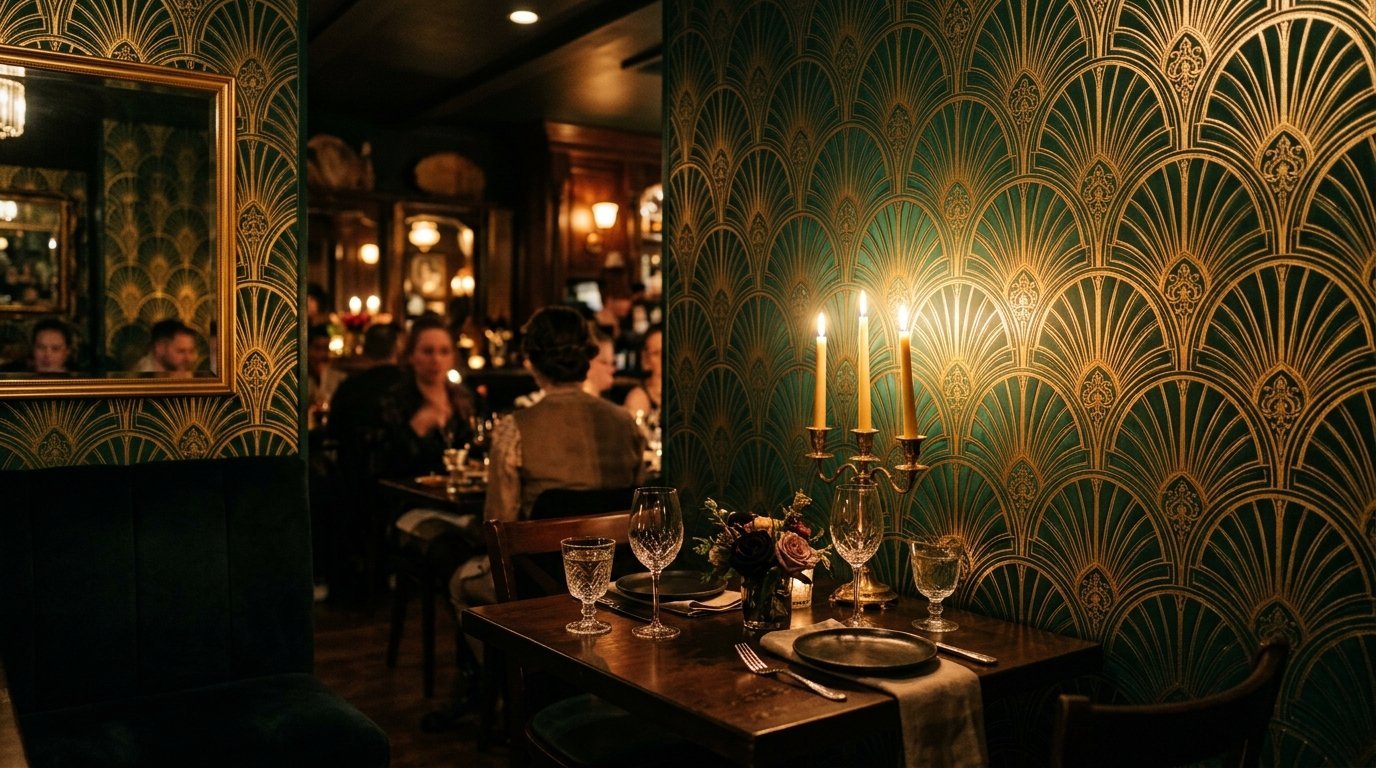 A small restaurant table set for two with a golden candelabra against an art deco green wallpaper wall.