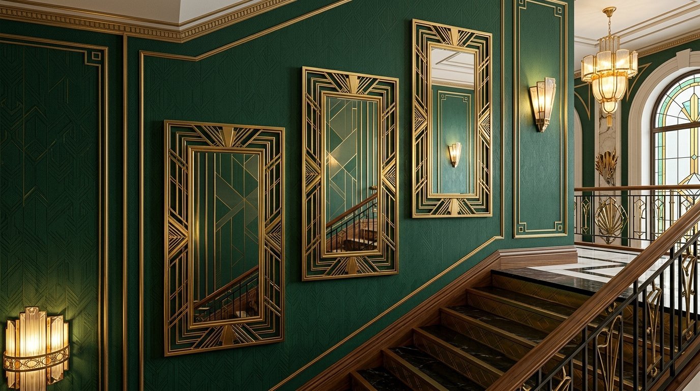 Decorative gold-framed rectangular mirrors with geometric patterns on a dark green wallpapered wall.