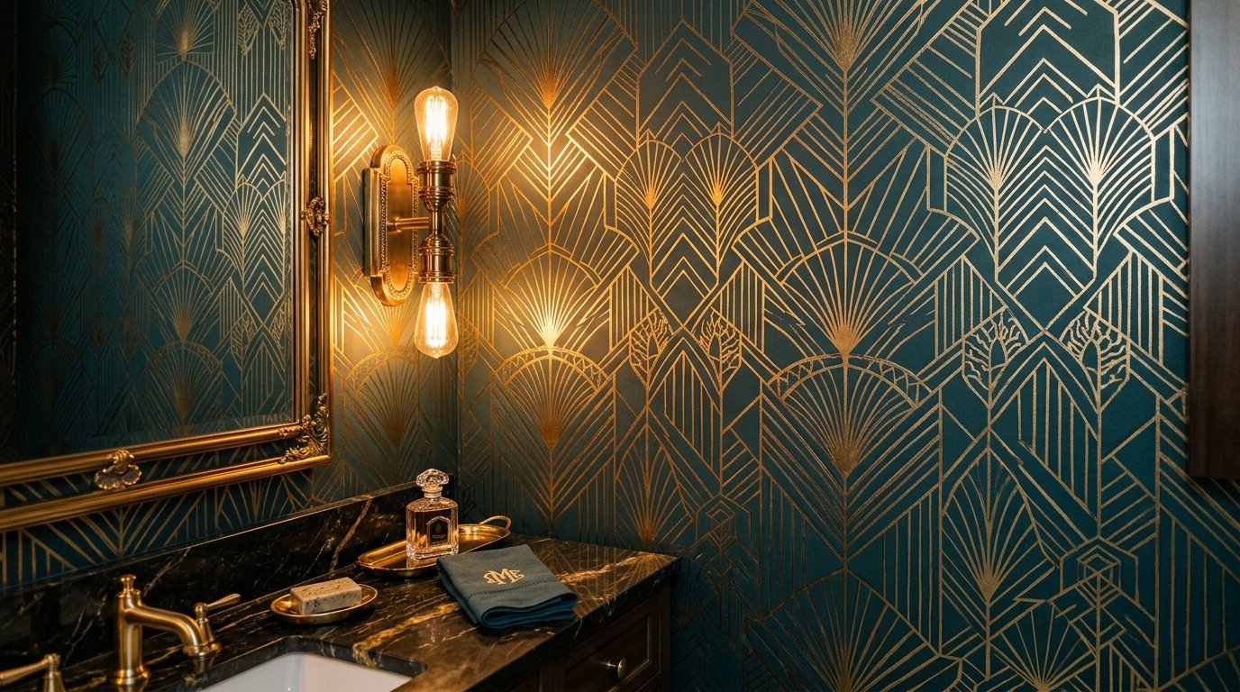 Close up of a bathroom vanity with dark marble countertop and geometric gold-patterned wallpaper.