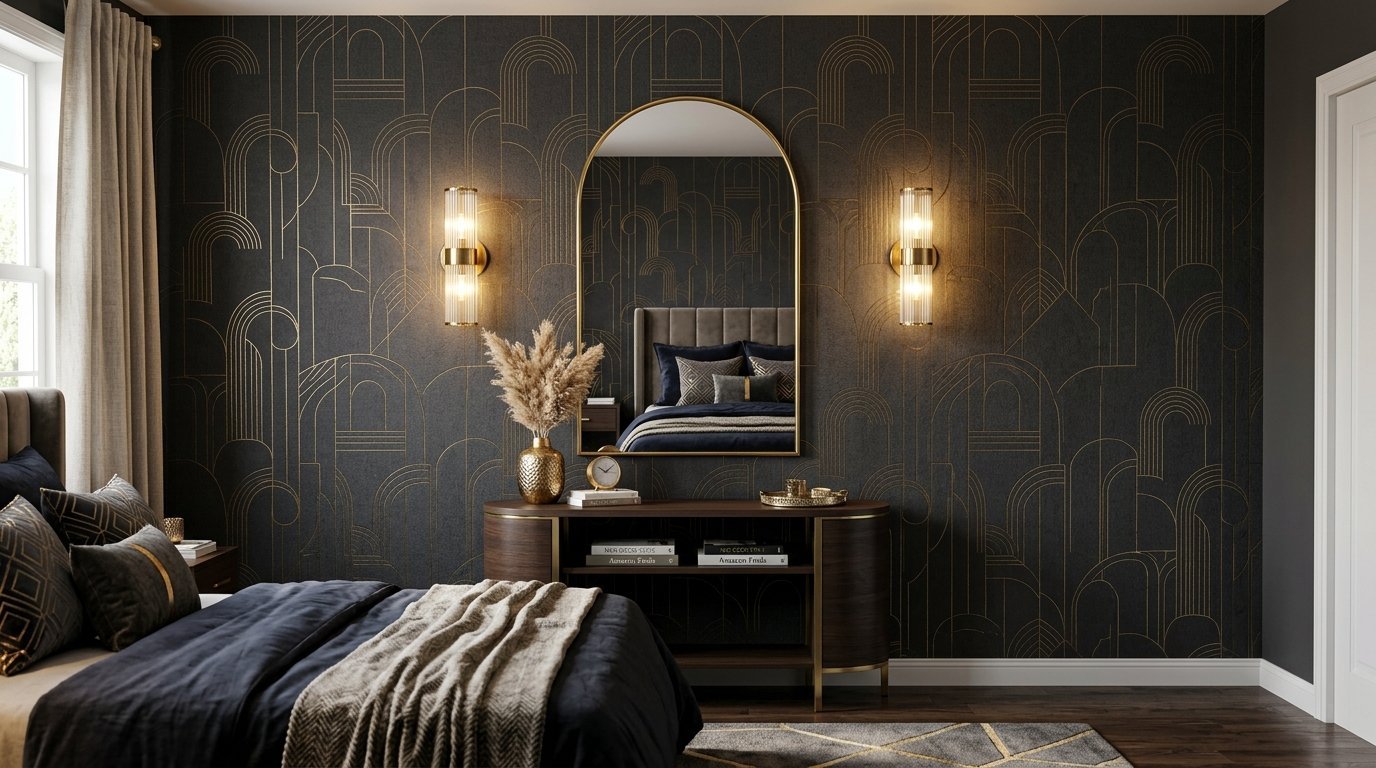 Dark bedroom with gold patterned wallpaper, a wooden console table, and two modern wall sconces.