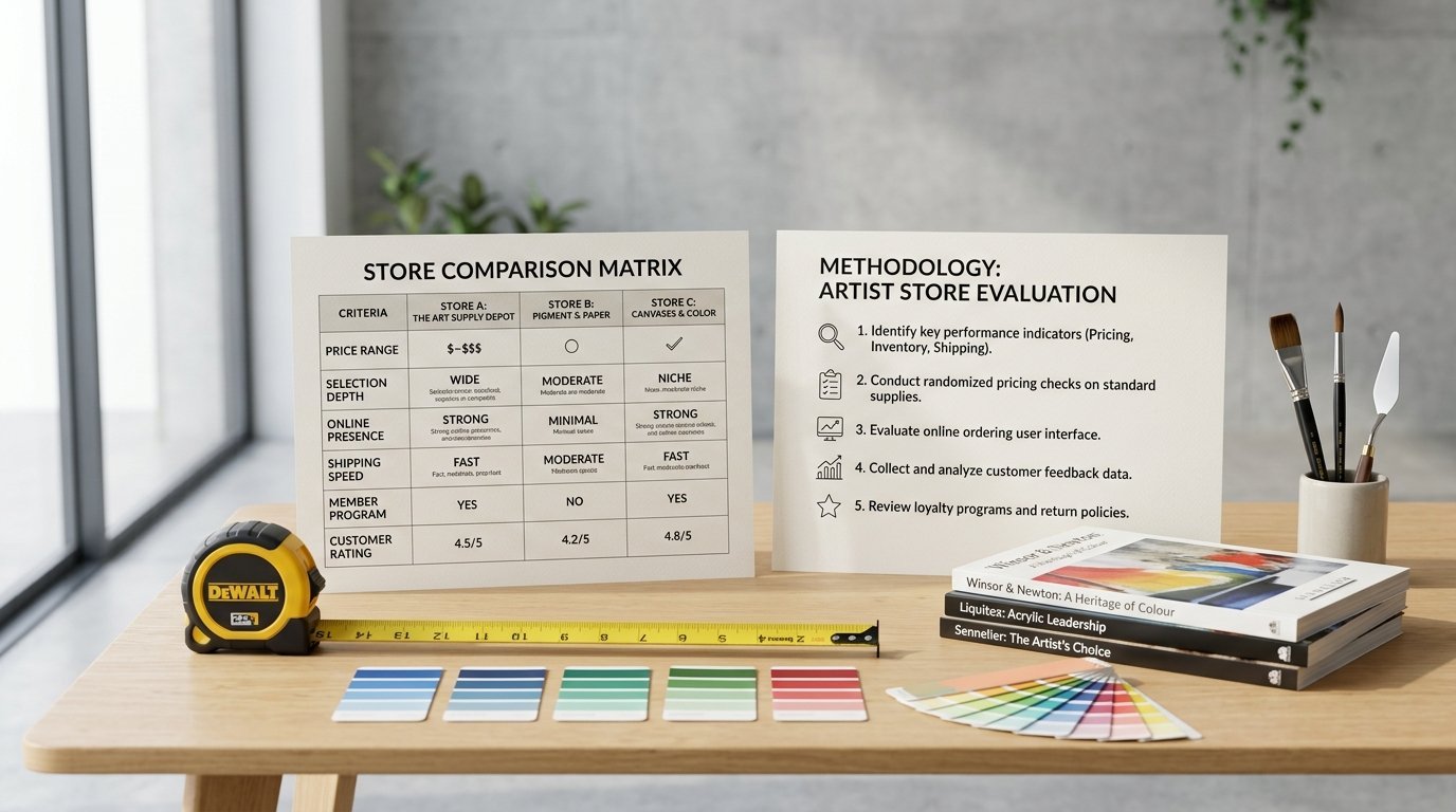 Printed document comparing three art supply stores next to art supplies, a measuring tape, and a color palette.