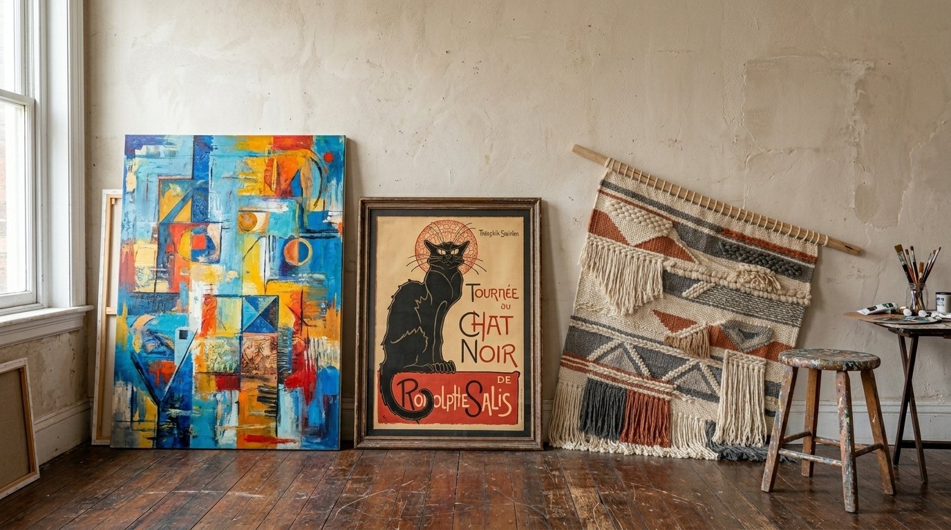 Colorful abstract canvas, Chat Noir poster, and woven wall hanging in an artist studio with a small stool.