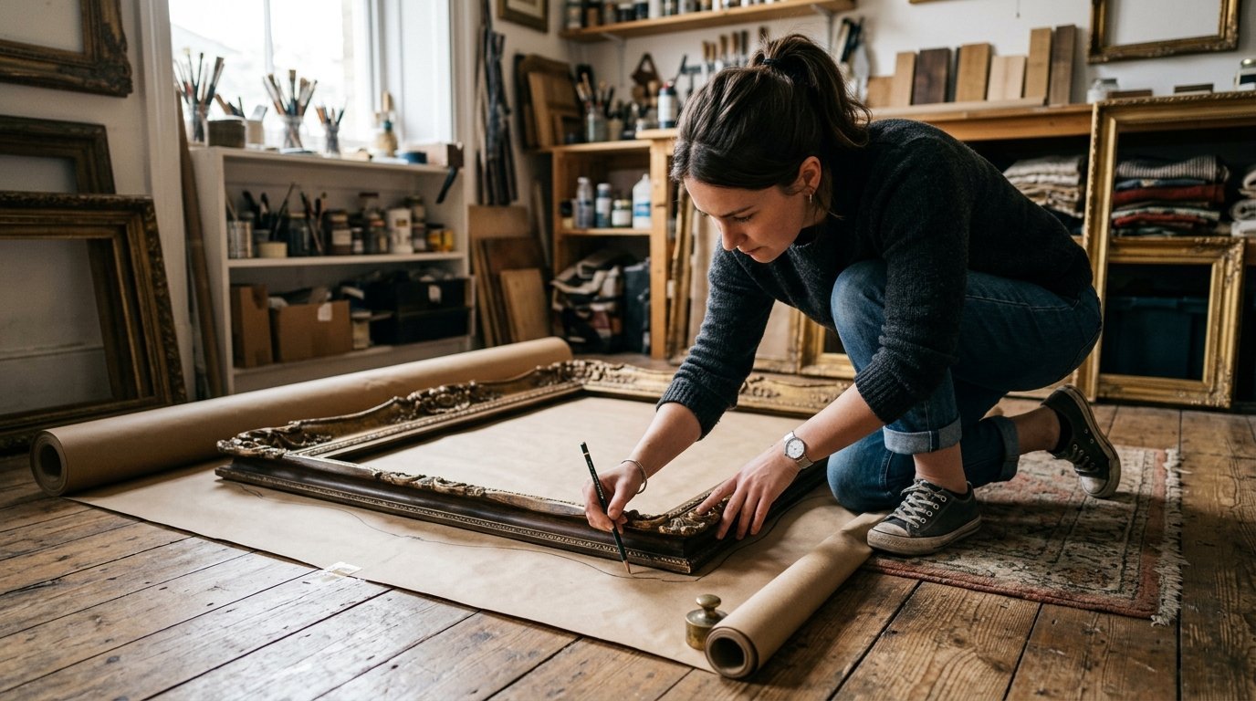 A woman kneels on a wooden studio floor, carefully drawing an outline of a vintage frame onto brown packing paper.