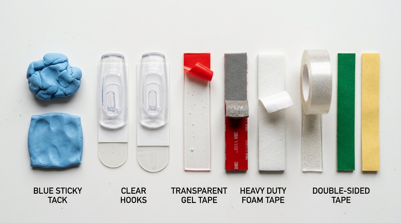 Top view of adhesive products including blue tack, clear hooks, gel tape, foam tape, and double-sided tape strips.