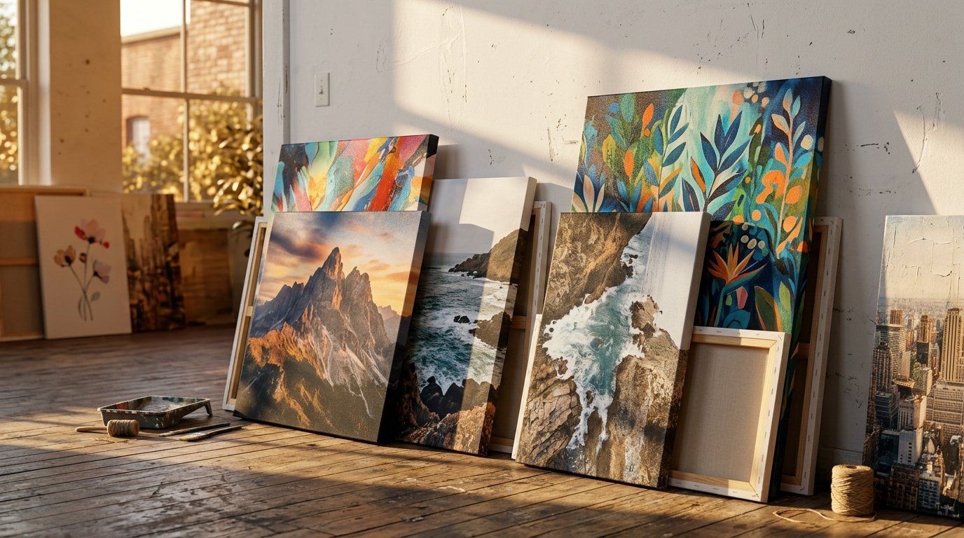 Various framed art canvases leaning against a white wall on a wooden floor in a sunlit art studio.