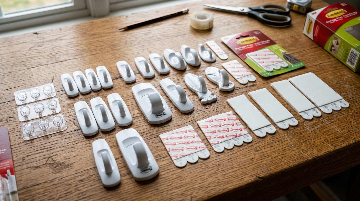 Top view of plastic wall hooks and double-sided adhesive strips laid out on a rustic wooden table.