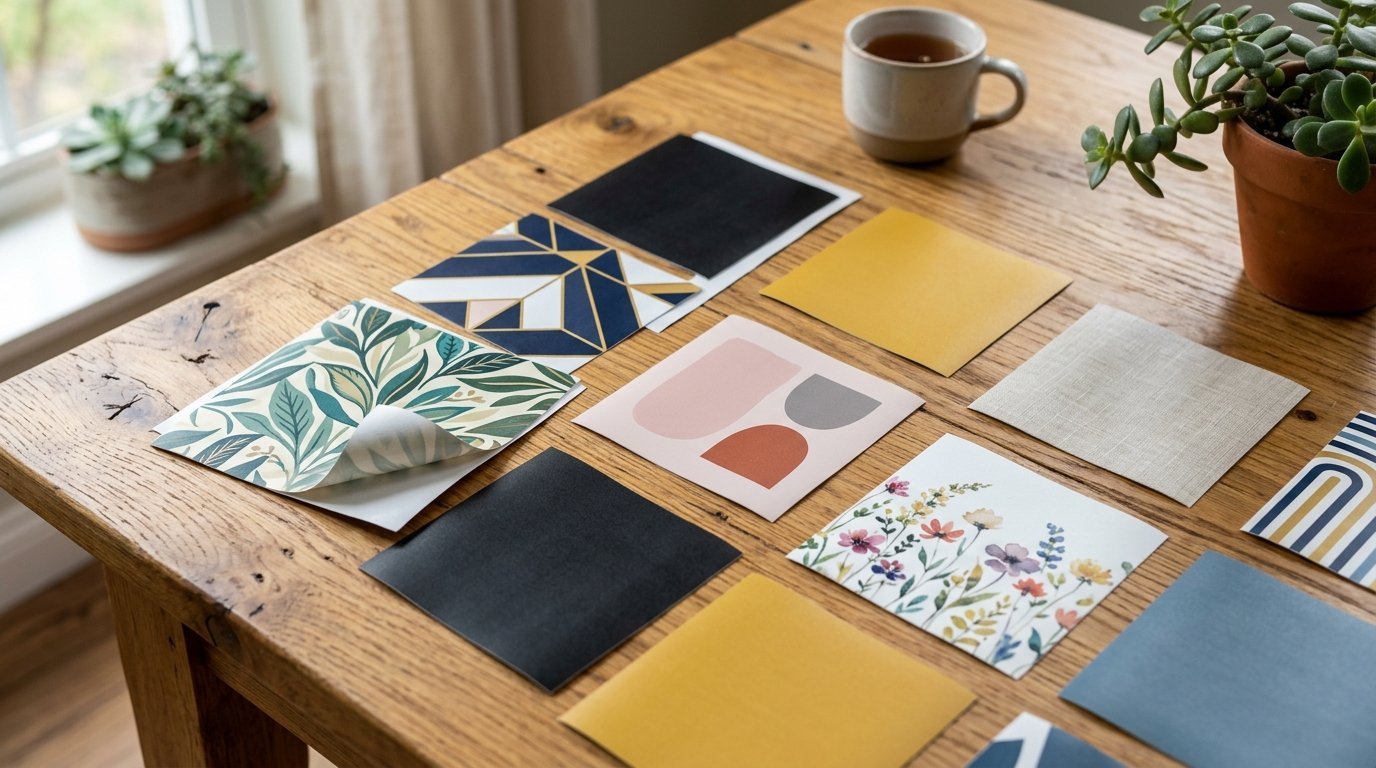 Top view of various patterned and solid color craft paper squares spread out on a rustic wood table.