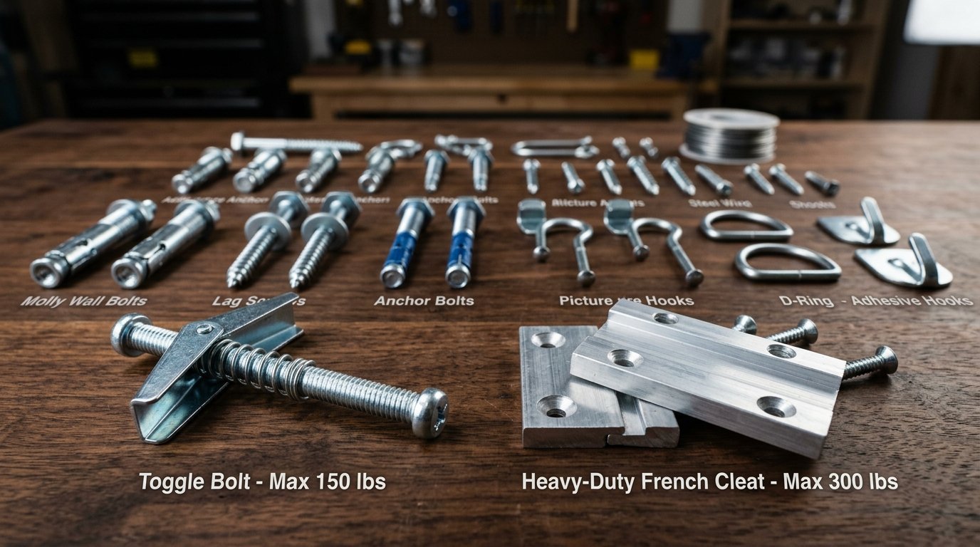 An array of fasteners including toggle bolts, French cleats, Molly bolts, and hooks arranged on a wooden table.