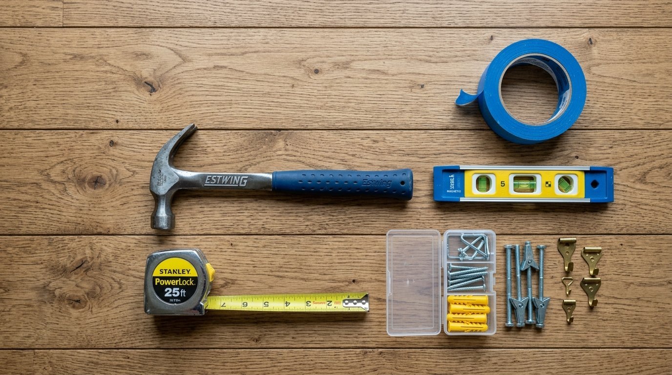 A hammer, tape measure, bubble level, blue painters tape, and various screws and hooks on a wood background.