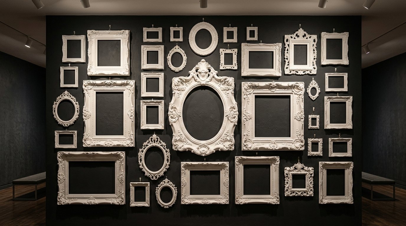 Many different sized and shaped empty white decorative frames arranged as a gallery wall on a dark background.