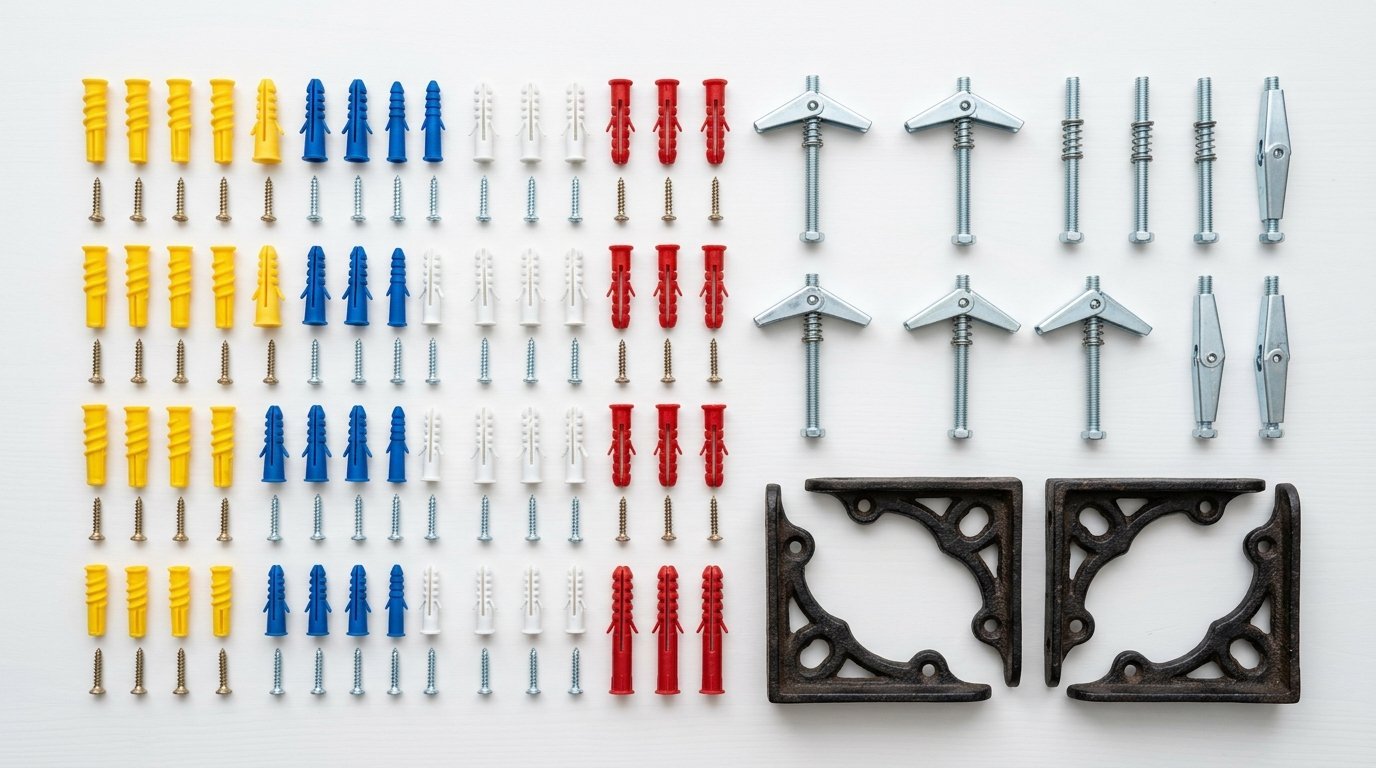 Top-down view of organized rows of plastic wall anchors, toggle bolts, and two decorative vintage-style metal shelf brackets.
