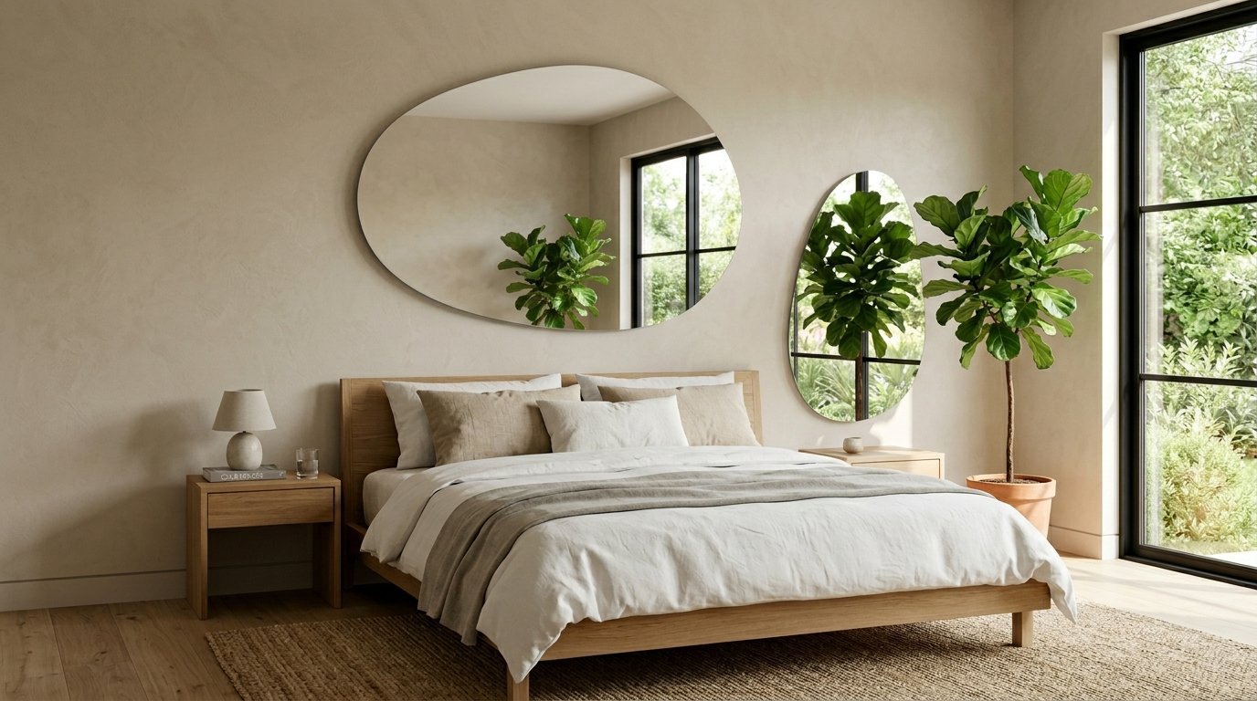 Modern bedroom with an oak bed frame and two unique pebble-shaped wall mirrors reflecting a green indoor tree.