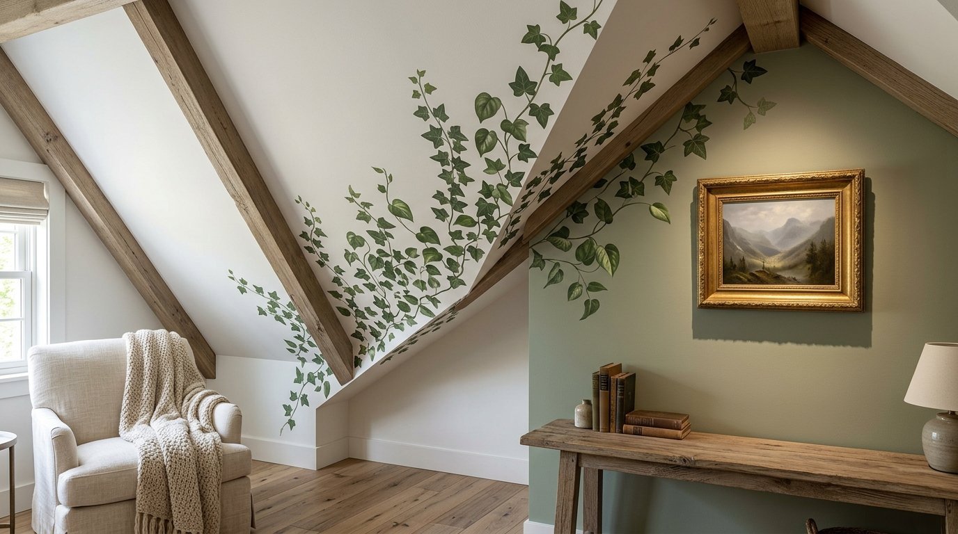 A sloped ceiling bedroom with a painted ivy vine wall decal above a wooden console table and beige armchair.