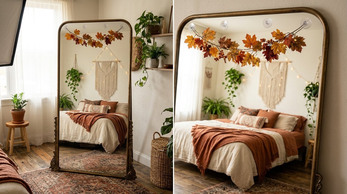 An ornate floor mirror decorated with autumn leaves reflecting a bedroom with macrame wall art and warm bedding.