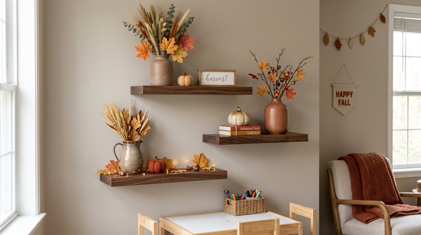 Floating shelves on a tan wall filled with vases, dried plants, mini pumpkins, and seasonal home decor items.