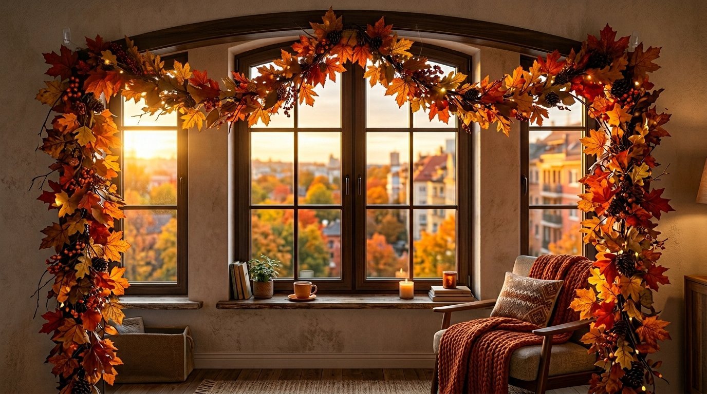Arched window draped in fall foliage garland with a sunset cityscape view and an armchair.