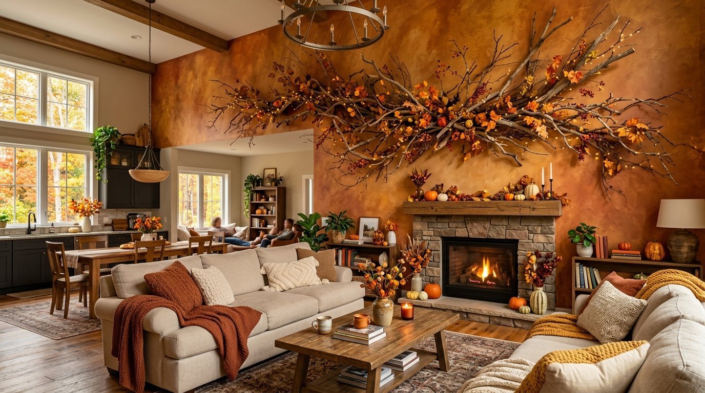 Spacious living room decorated for fall with dry branches on a textured orange wall above a stone fireplace.