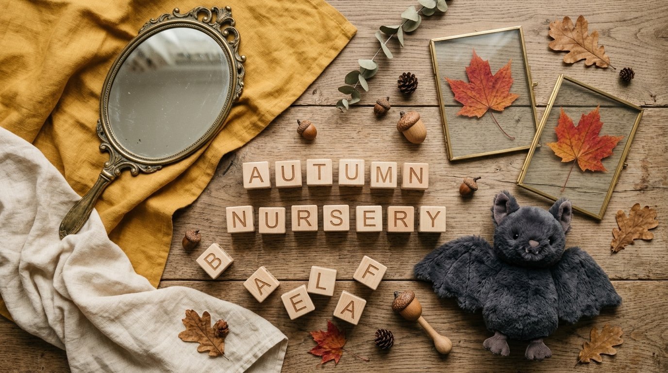 Flat lay of an autumn-themed nursery display with wooden letter blocks, pressed leaves in frames, and a stuffed bat.