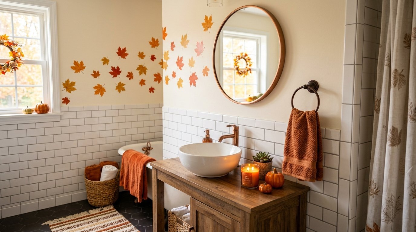 Rustic bathroom vanity with copper fixtures, pumpkins, and autumn leaf decals on a white subway tiled wall.