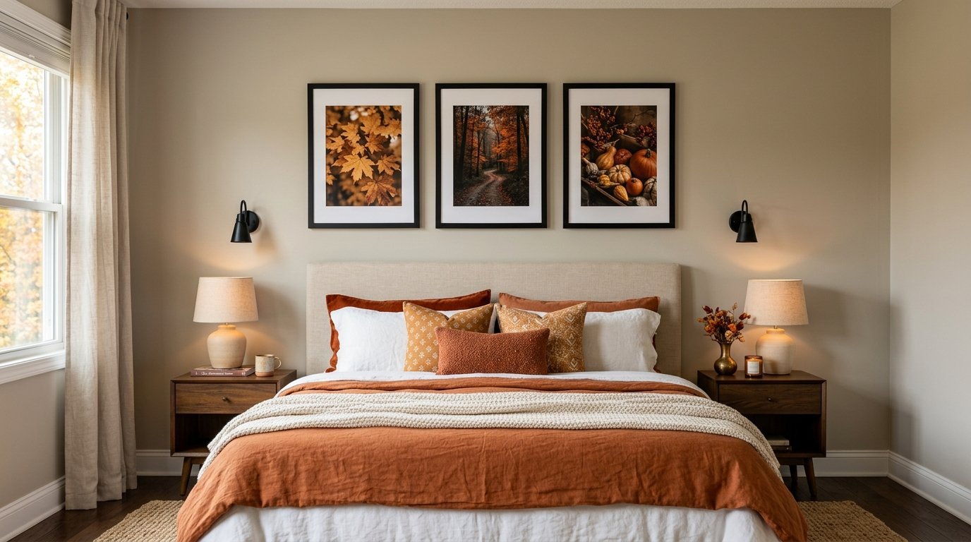 A bedroom with three fall-themed pictures hanging above a bed with burnt orange bedding and throw pillows.