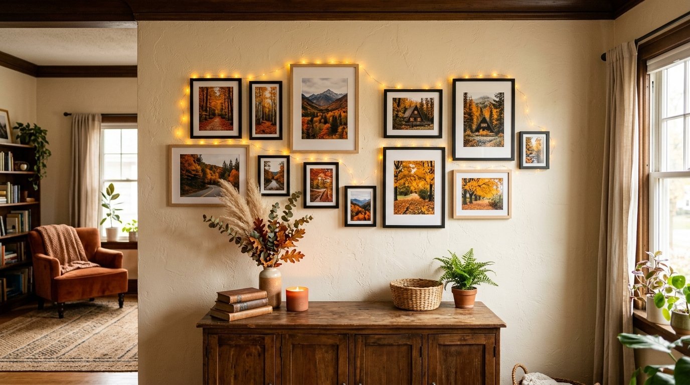 A rustic wooden dresser topped with dried foliage and a candle sits beneath a string-light-adorned autumn photo wall.