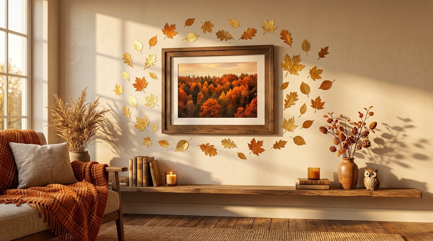 Living room wall featuring a picture of a fall forest framed by gold and orange leaf wall decals.