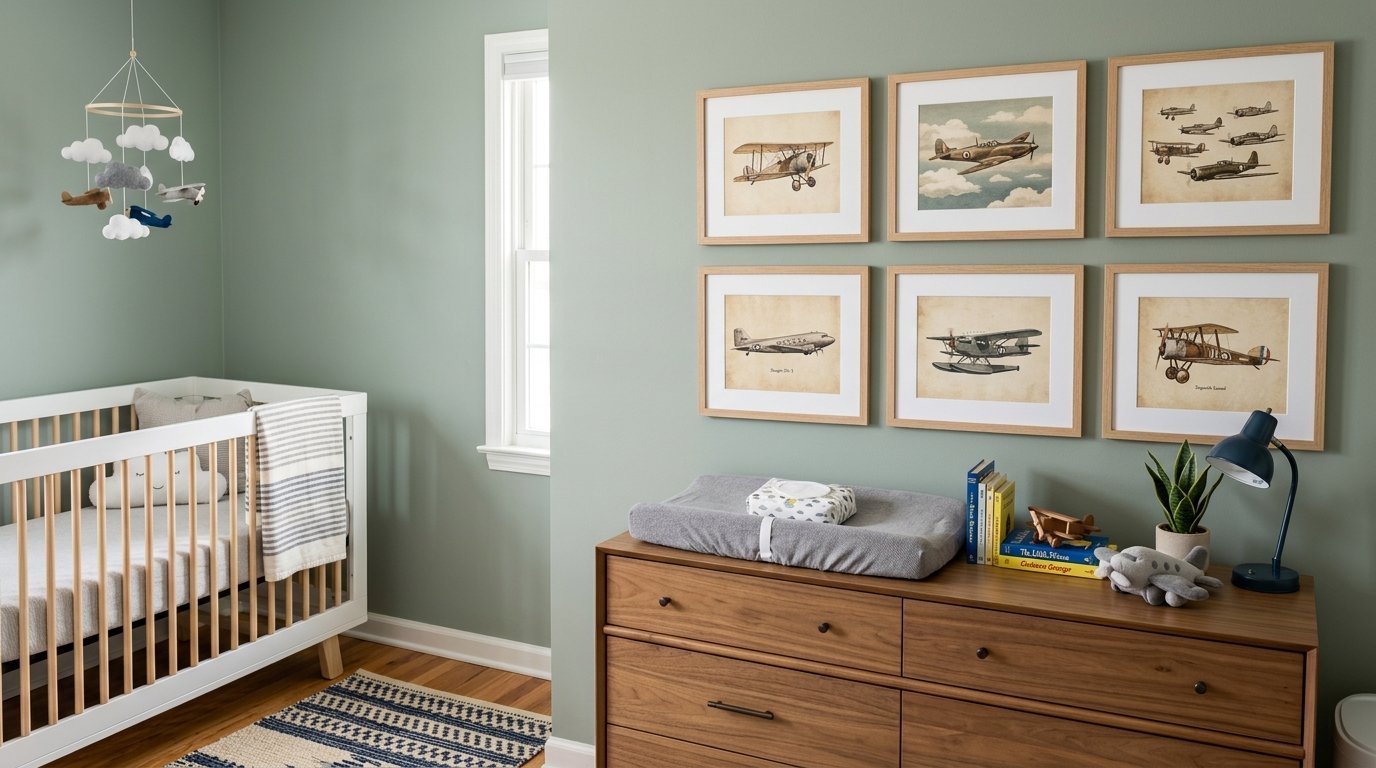 Gallery wall of framed classic aircraft prints hung in a light green baby room with a crib and changing table.