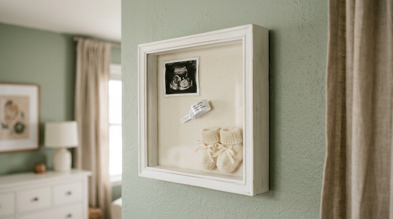 White shadow box displaying a baby sonogram, hospital ID band, and cream-colored newborn booties on a wall.
