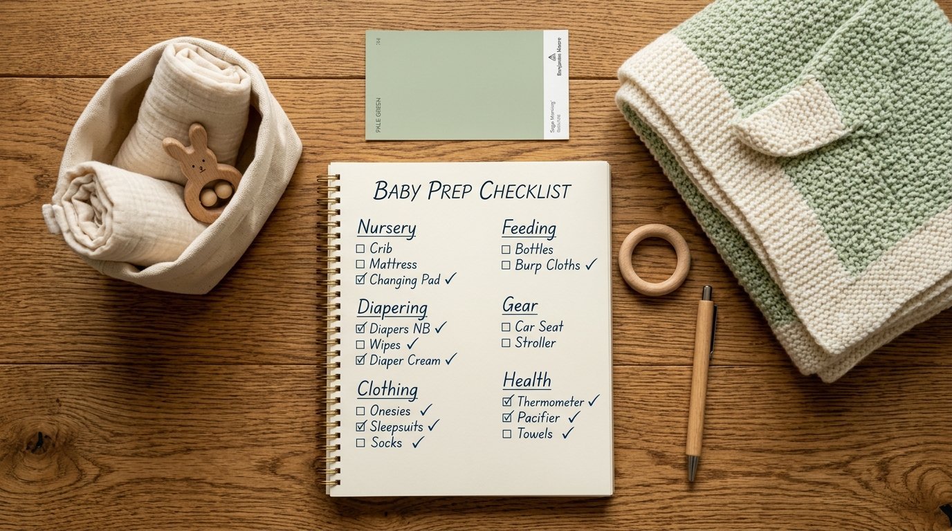 Spiral notebook with a baby prep checklist beside a knit blanket, burp cloths, and a wooden teething toy.