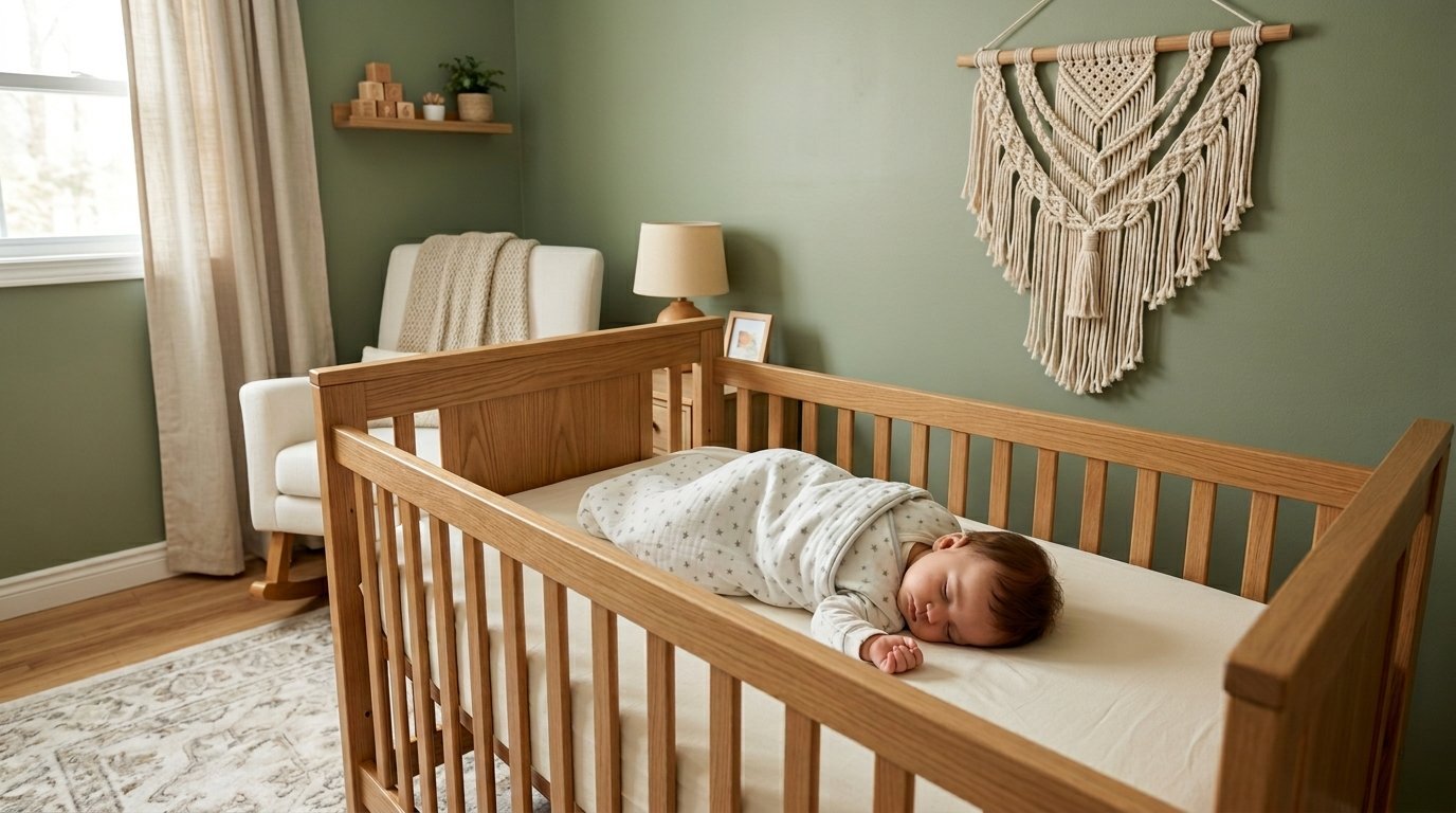 Baby wearing a star-print swaddle sleeping soundly in a wooden cradle inside a green nursery room.