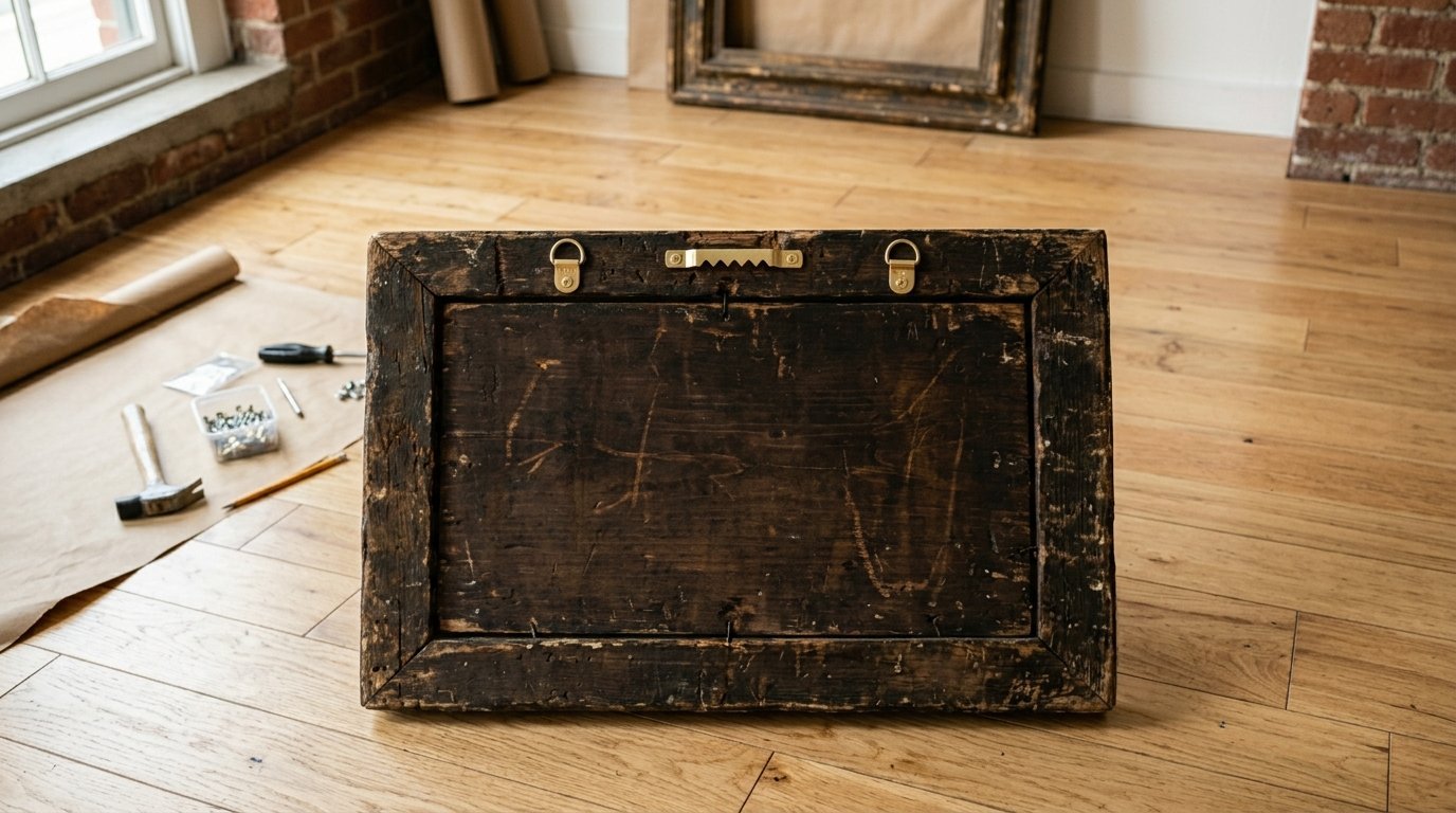 The back of an aged dark wood frame showing metal hanging hardware.