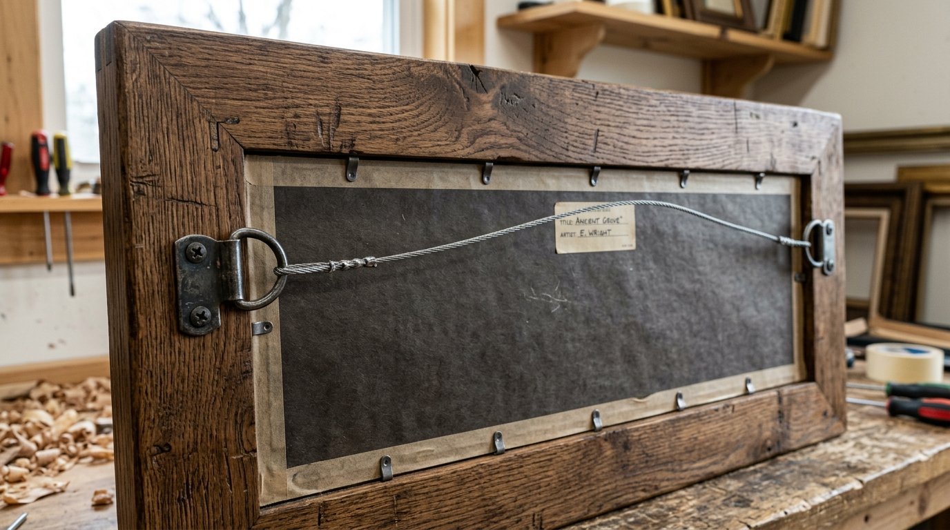 The back of a stained wood picture frame showing metal D-rings, wire, and a paper backing with an artist label.
