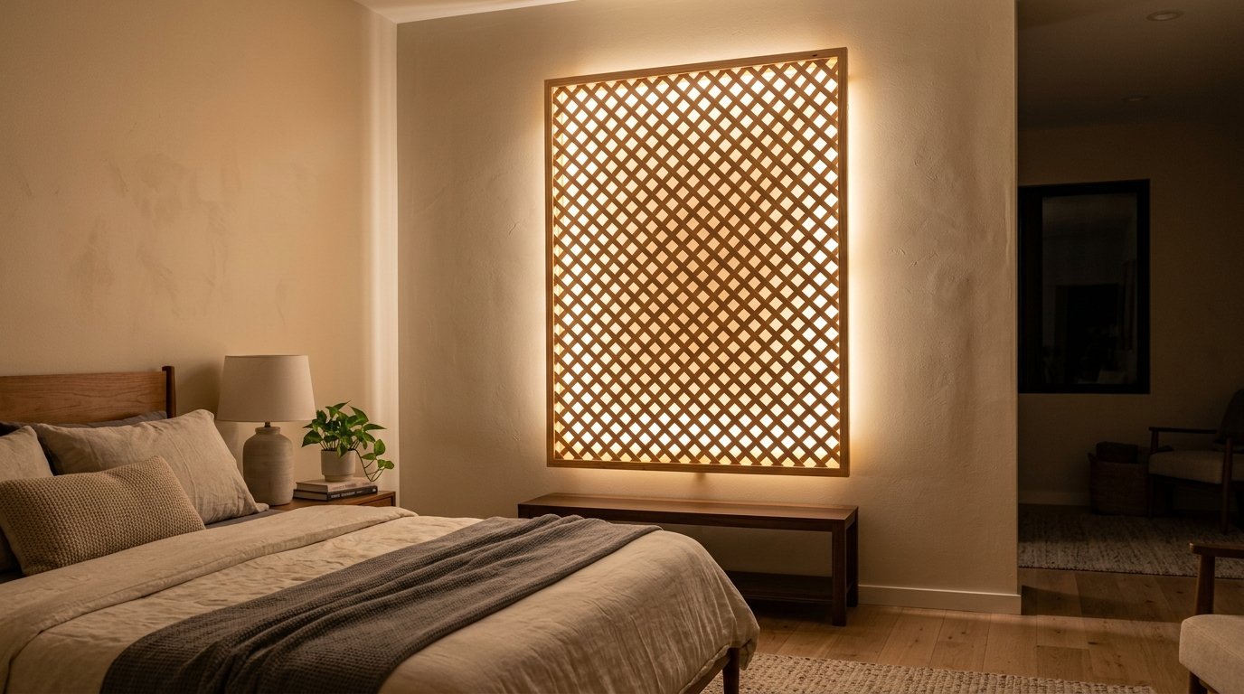 Illuminated grid wall decoration above a wooden bench in a cozy bedroom setting.