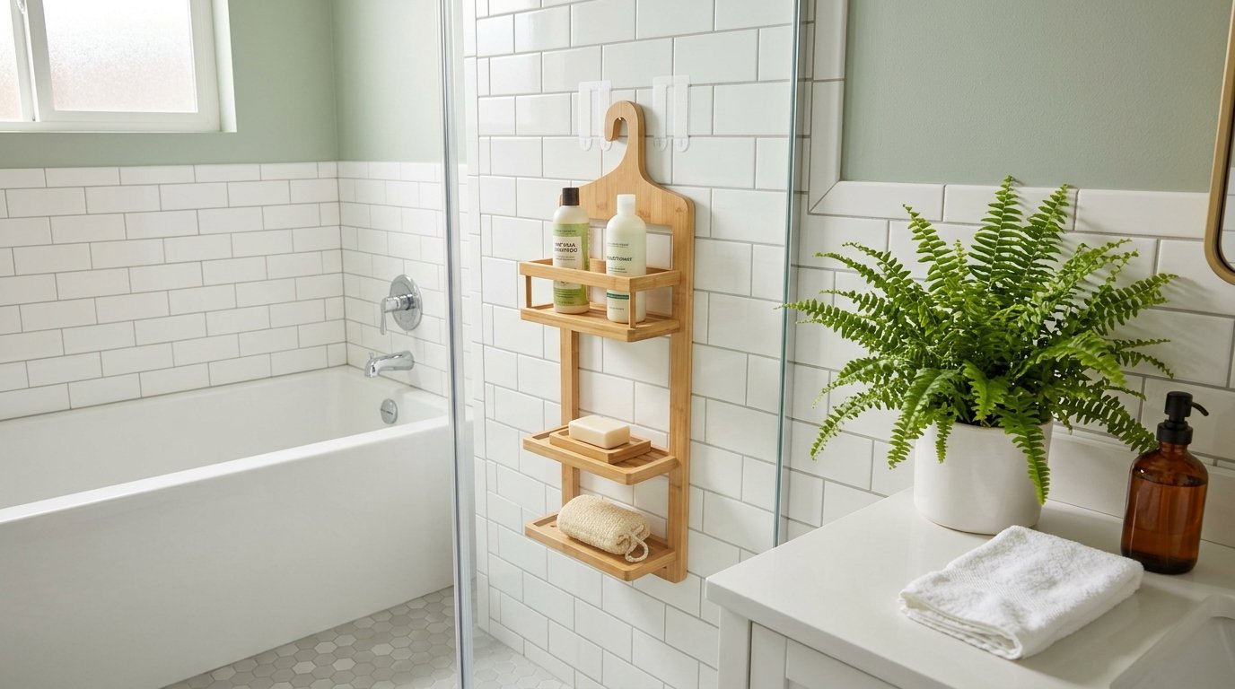 A wooden organizer with shower essentials hanging on a white subway tile wall next to a bathtub.