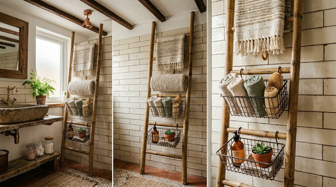 A decorative bamboo ladder leaning against a subway tile wall with hanging wire baskets containing towels and succulents.