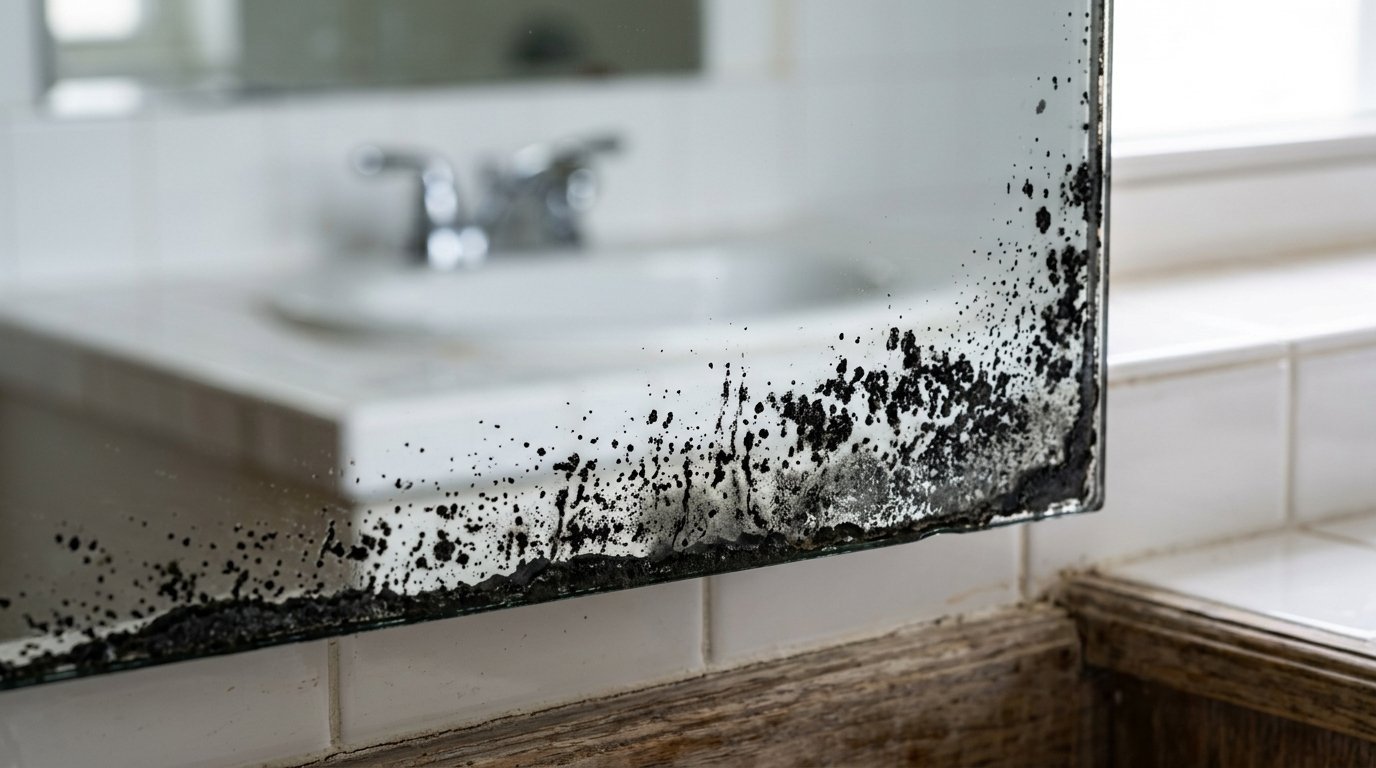 Damaged bathroom mirror edge showing significant oxidation and dark spots near the vanity faucet reflection.