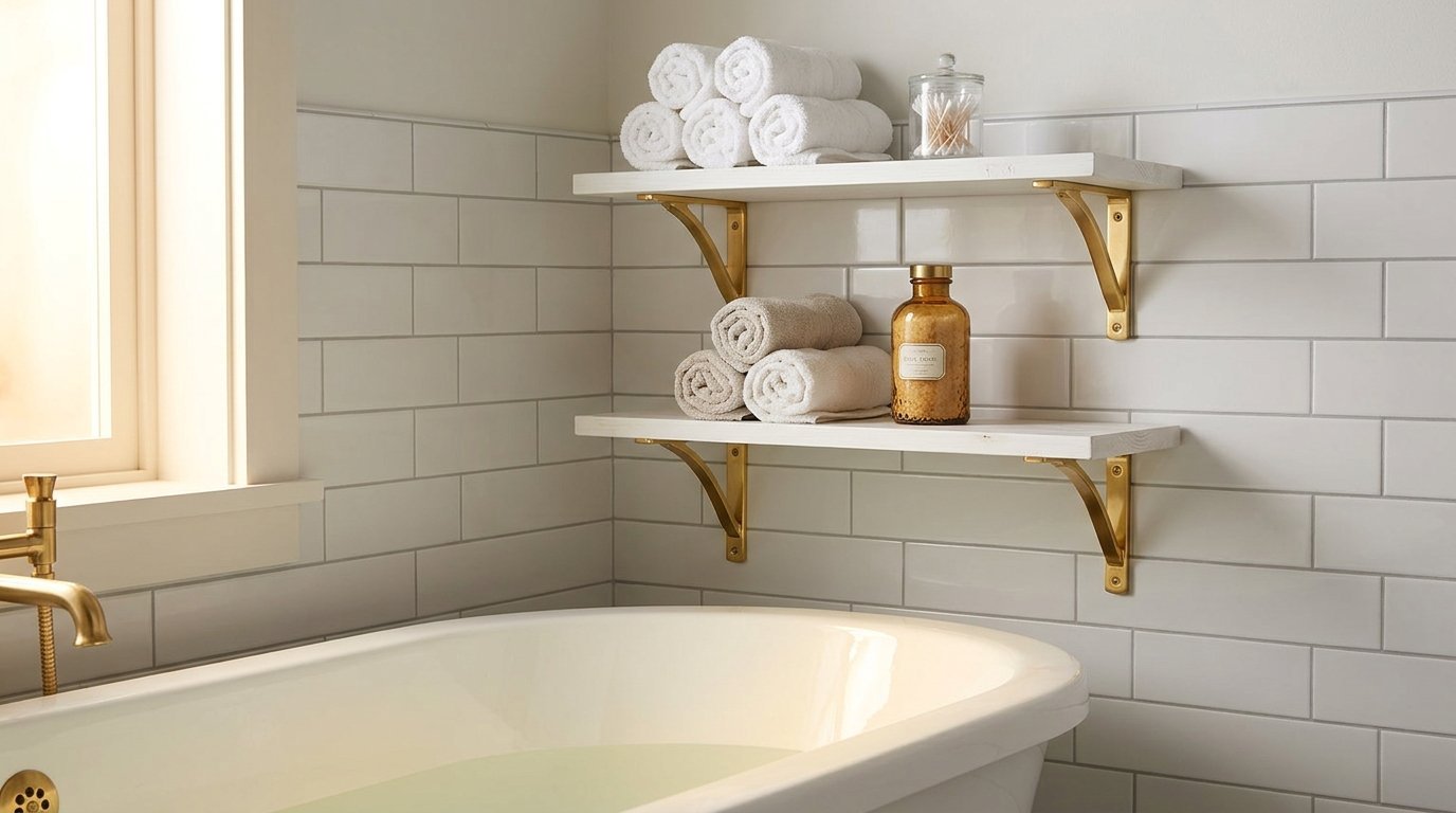 Floating wood bathroom shelves with gold brackets holding folded white towels and bath accessories near a tile wall.