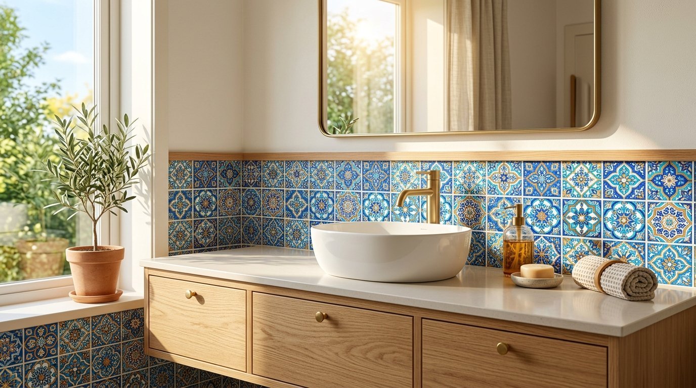 Modern wooden bathroom vanity with a white vessel sink and colorful Mediterranean style wall tiles.
