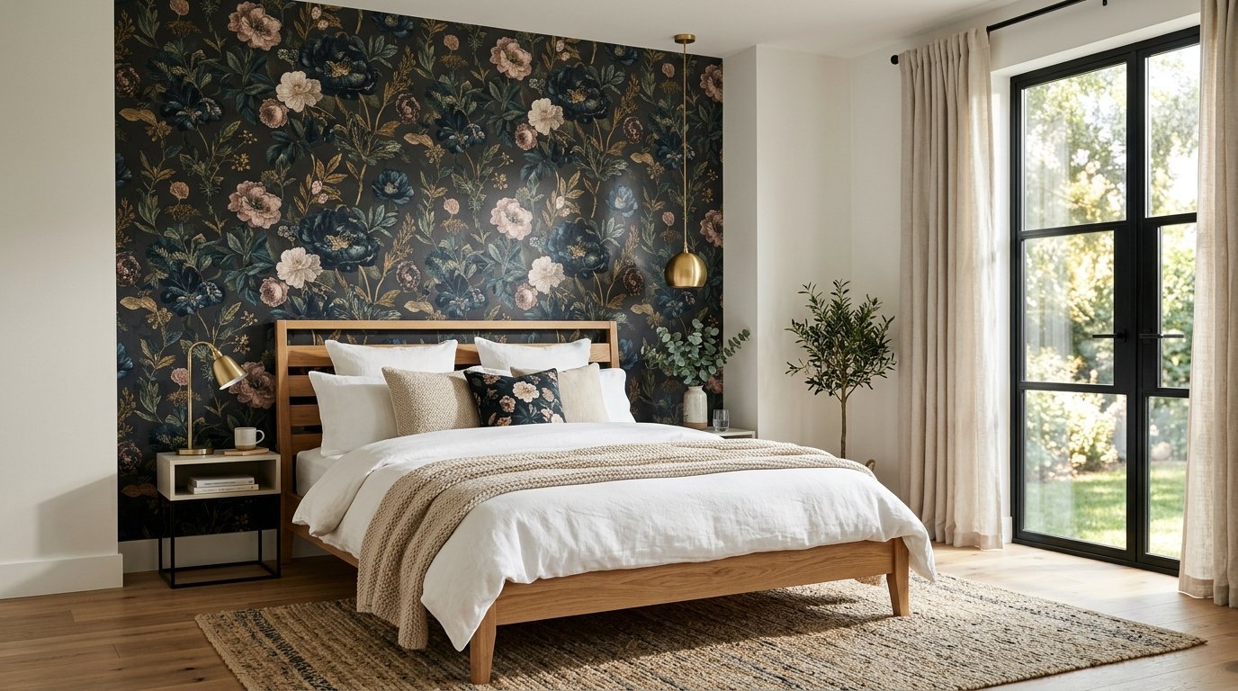 Modern bedroom with dark moody floral wallpaper behind a wood bed frame and neutral white bedding.